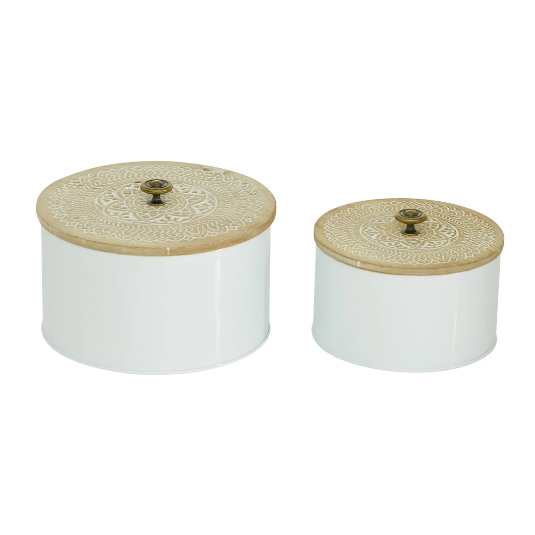 UMA Round White Iron Box With Carved Wood Lid (Various Sizes) Home Accents 2 UMA Round White Iron Box With Carved Wood Lid (Various Sizes) Home Accents