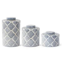 K&K Interiors Blue & White Quatrefoil Pattern Container, Set Of 3