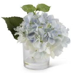K&K Interiors 9" Real Touch Hydrangea In Glass Vase, Blue