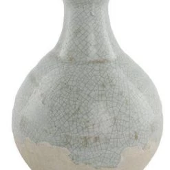 A&B Floral Antiqued Smokey Stoneware Bottle, Aqua & Tan
