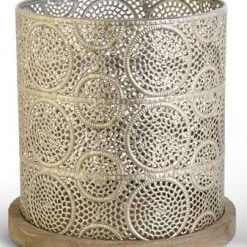 K&K Interiors Champagne Punched Metal Basket With Wood Base (Various Sizes) Home Accents 7 K&K Interiors Champagne Punched Metal Basket With Wood Base (Various Sizes) Home Accents