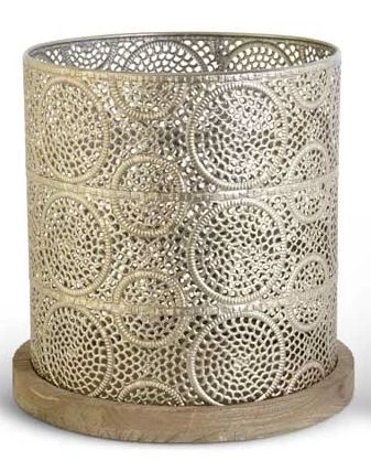 K&K Interiors Champagne Punched Metal Basket With Wood Base (Various Sizes) Home Accents 4 K&K Interiors Champagne Punched Metal Basket With Wood Base (Various Sizes) Home Accents