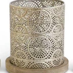 K&K Interiors Champagne Punched Metal Basket With Wood Base (Various Sizes) Home Accents