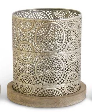 K&K Interiors Champagne Punched Metal Basket With Wood Base (Various Sizes) Home Accents 2 K&K Interiors Champagne Punched Metal Basket With Wood Base (Various Sizes) Home Accents