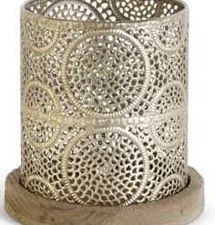 K&K Interiors Champagne Punched Metal Basket With Wood Base (Various Sizes) Home Accents 6 K&K Interiors Champagne Punched Metal Basket With Wood Base (Various Sizes) Home Accents