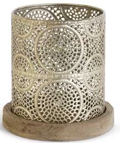 K&K Interiors Champagne Punched Metal Basket With Wood Base (Various Sizes) Home Accents 3 K&K Interiors Champagne Punched Metal Basket With Wood Base (Various Sizes) Home Accents
