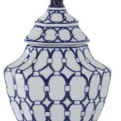 K&K Interiors White & Blue Oval Print Ornate Porcelain Lidded Container (Various Sizes) Vases, Bottles, & Containers