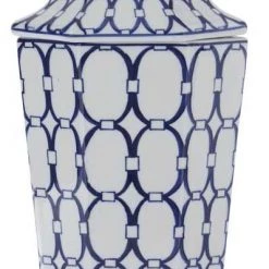 K&K Interiors White & Blue Oval Print Ornate Porcelain Lidded Container (Various Sizes) Vases, Bottles, & Containers