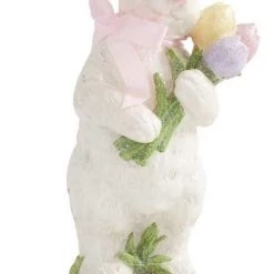 K&K Interiors Glitter Bunny With Pink Bow Holding Flowers (Various Styles)