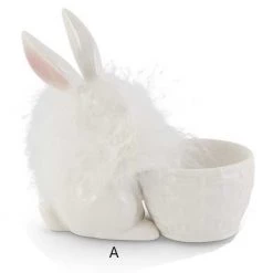K&K Interiors White Porcelain Egg Holder With Feathered Bunny (Various Styles) Spring