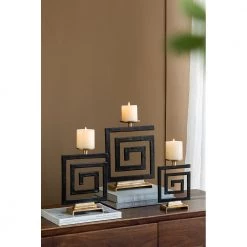 A&B Home Greek Key Black And Gold Pillar Candleholders, Set Of 3