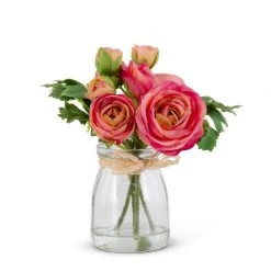 K&K Interiors 6.75" Ranunculus Bouquet In Glass Jar , Pink Plants & Potted Items