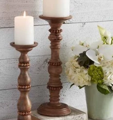 Mud Pie Porch View Home Candles Beaded Wooden Candleholders, Set Of 2