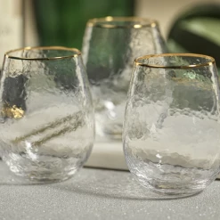 Zodax Negroni Hammered Stemless All-Purpose Glass, Clear With Gold Rim Kitchen Decor