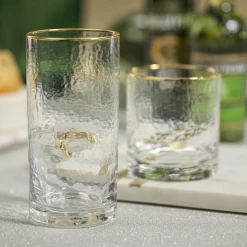 Zodax Negroni Hammered Double Old Fashioned Glass, Clear With Gold Rim Kitchen Decor