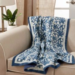 Saro Block Print Floral Kantha Stitch Throw Blanket, Indigo