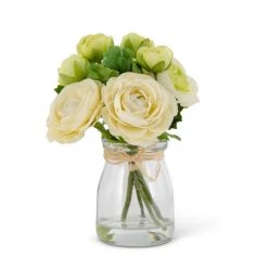 K&K Interiors Plants & Potted Items 6.75" Ranunculus Bouquet In Glass Jar, White