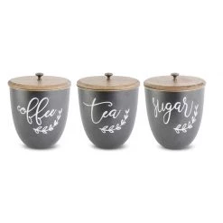 K&K Interiors Kitchen Decor Black Metal W/ White Script Coffee, Tea, Sugar Lidded Containers, Set Of 3