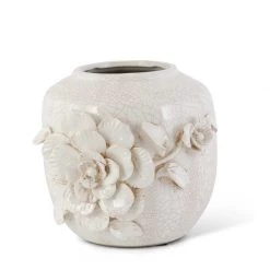 K&K Interiors Cream Ceramic Crackled Vases With Raised Roses, Small Vases, Bottles, & Containers