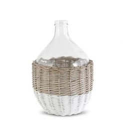 K&K Interiors Vases, Bottles, & Containers Clear Glass Bottle Vase In White & Tan Wicker Basket