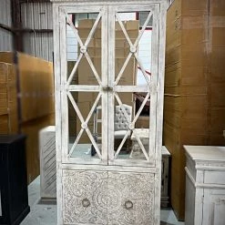 Global Imports Lennon White Mirrored Carved Tall Cabinet Accent Furniture