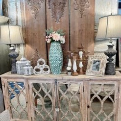 Global Imports Consoles, Breakfronts, & Sideboards Rowan Elm Mirrored Lattice Breakfront (Whitewash)
