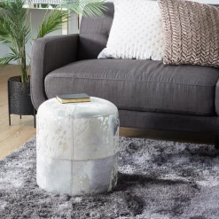 UMA Coffee Tables Leather Hide Ottoman, Silver White