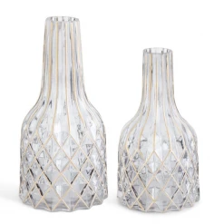 K&K Interiors Vases, Bottles, & Containers Smoked Glass Gold Diamond Embossed Bottle Neck Vases (Various Sizes)