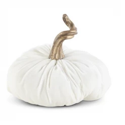 K&K Interiors 7.5" White Velvet Stuffed Pumpkin W/ Gold Stem Fall Home Decor